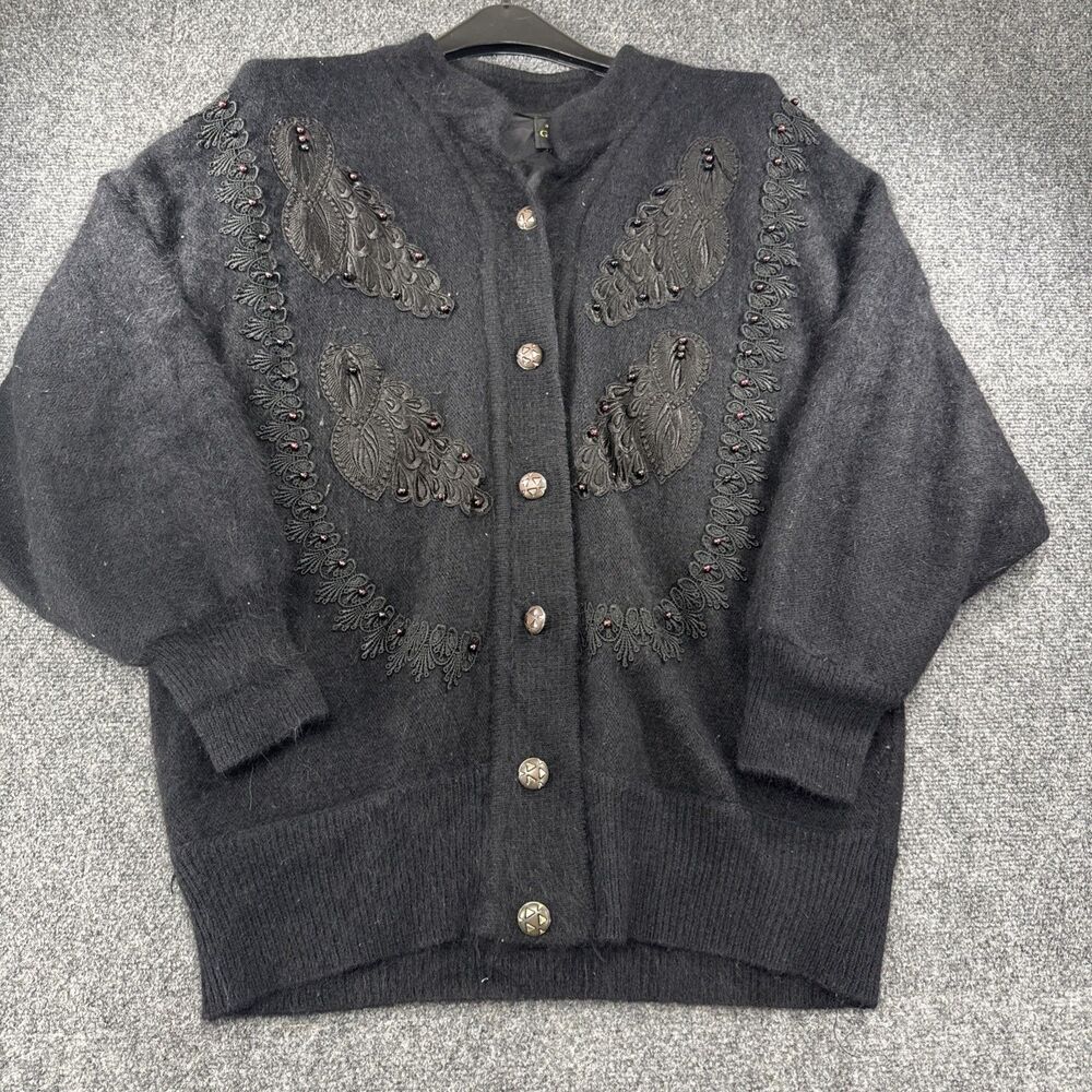 Vintage Gizel Original Angora Beaded Cardigan Women's L Black Lace Applique